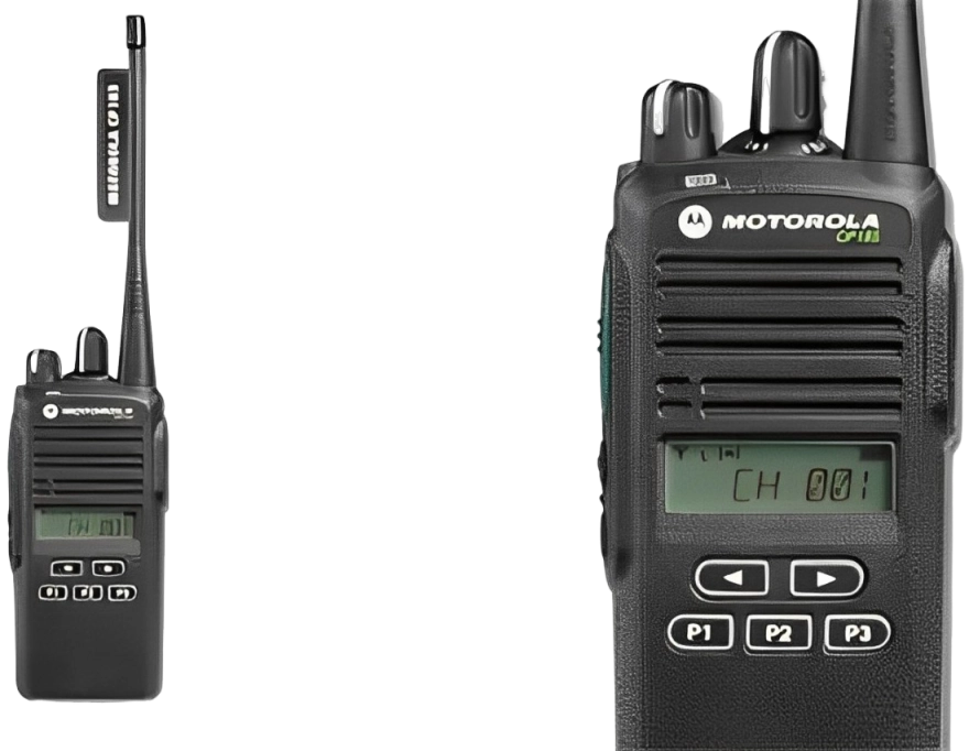 Motorola CP110 portable two-way radios.