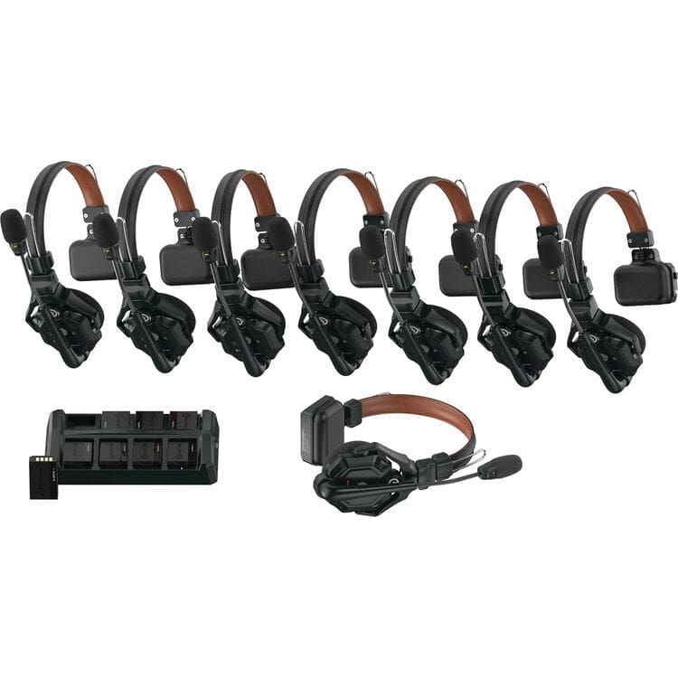 Set of eight black headset earphones with a USB hub and a USB adapter cable.